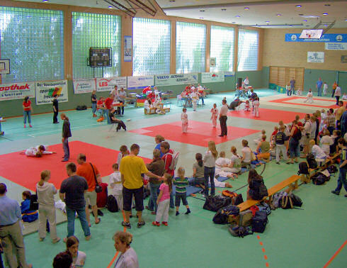Blick von der Trib&uuml;ne auf die Wettkampffl&auml;che in der Burgberghalle.